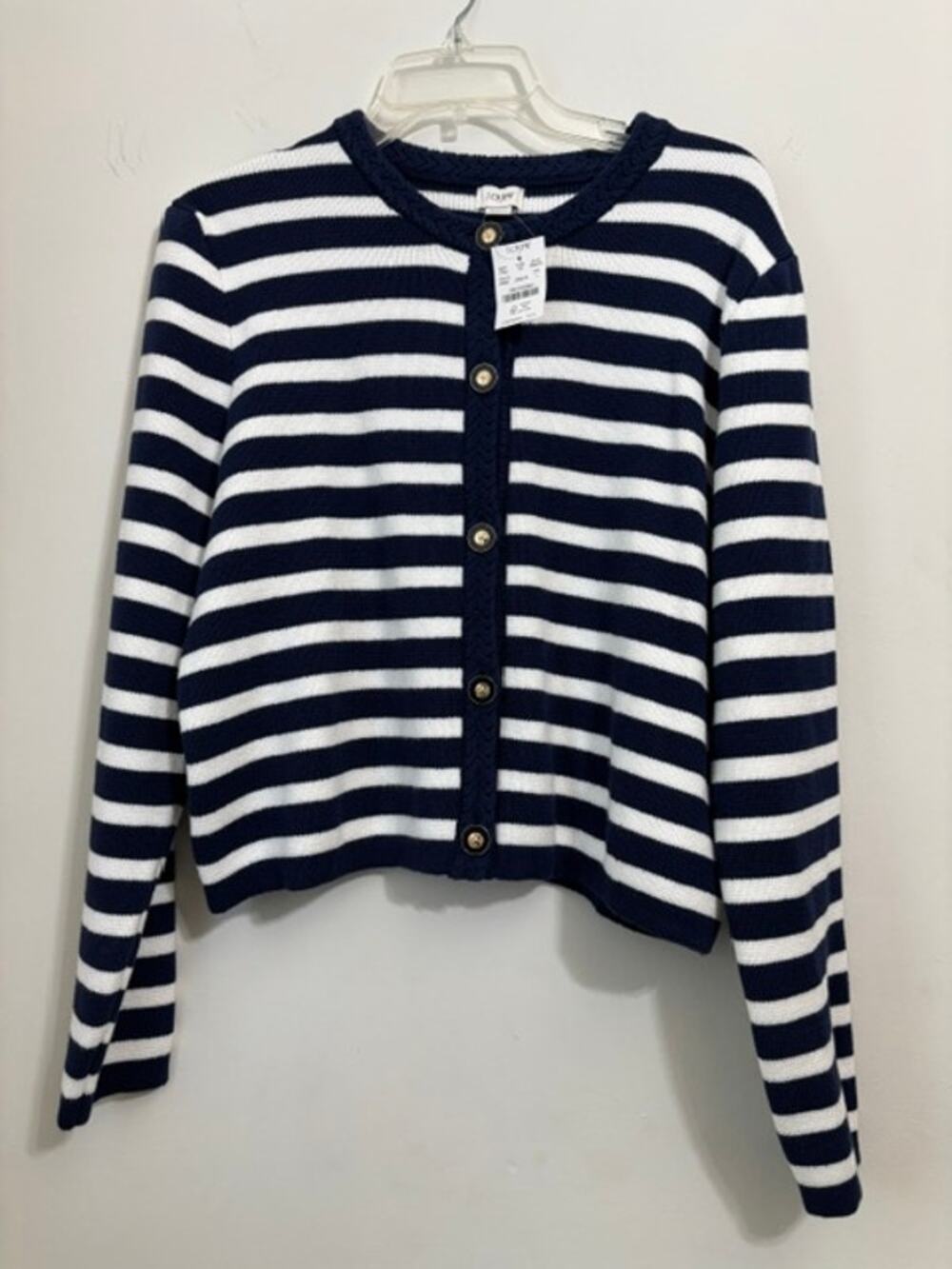 J Crew Cardigan Sweater Large Navy White Stripes Gold Buttons Nautical NWT